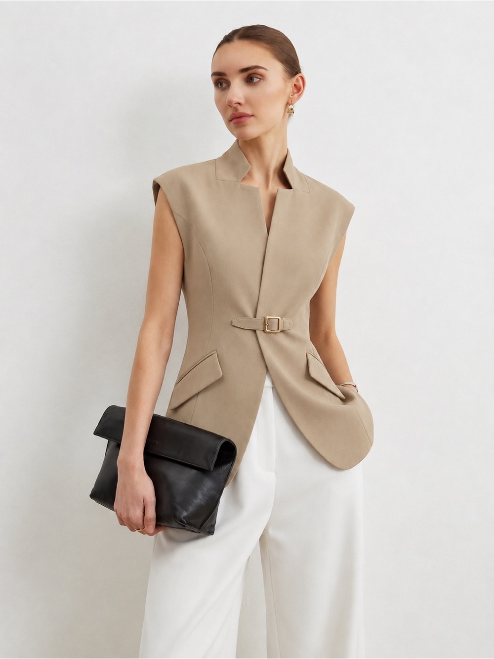 COMMENSE Notch Lapel Buckle Detail Blazer Vest